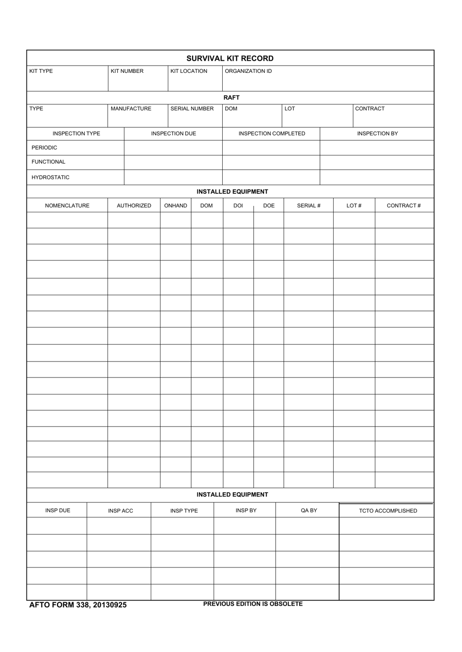AFTO Form 338 Survival Kit Record, Page 1