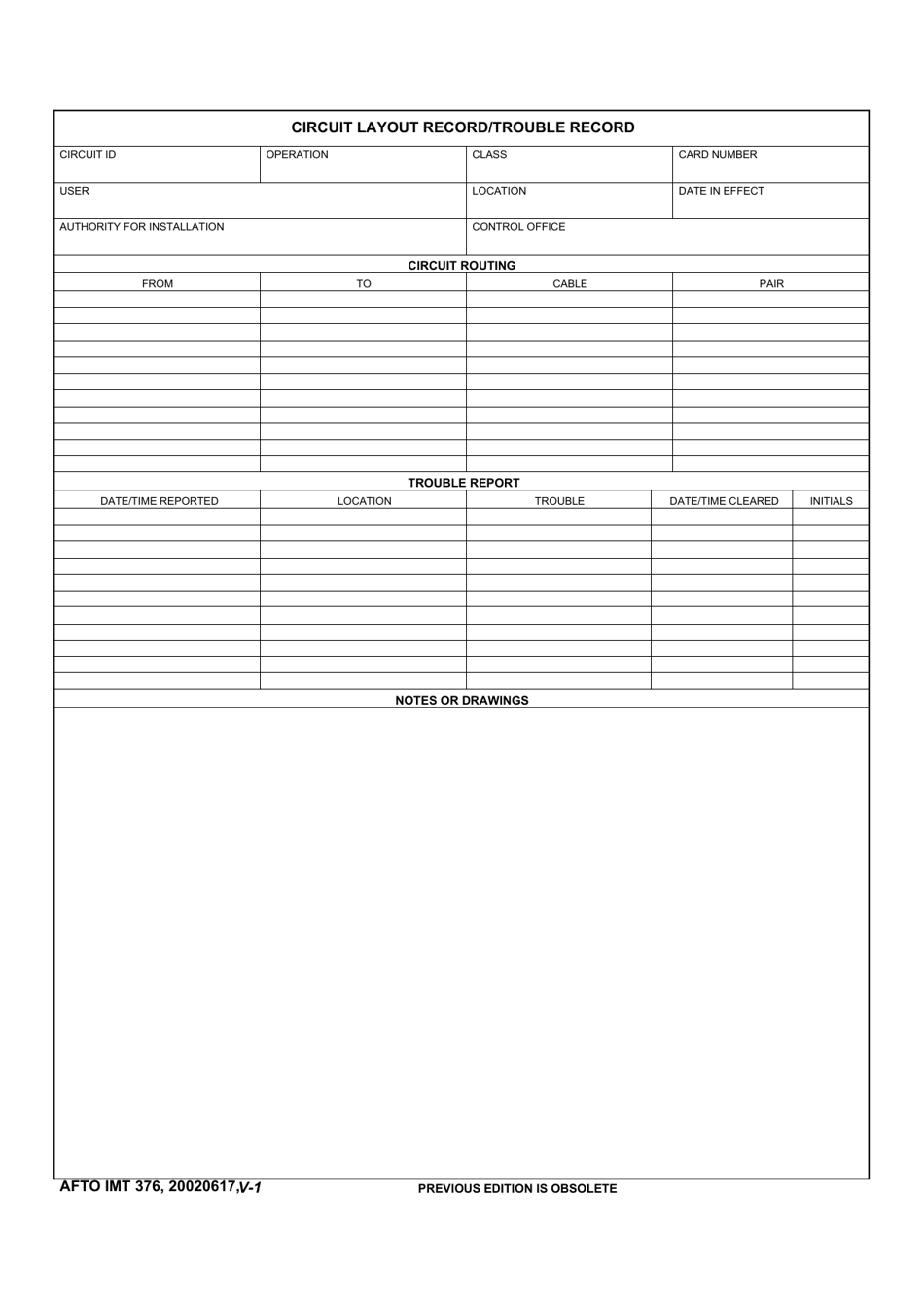 AFTO IMT Form 376 Circuit Layout Record / Trouble Record, Page 1