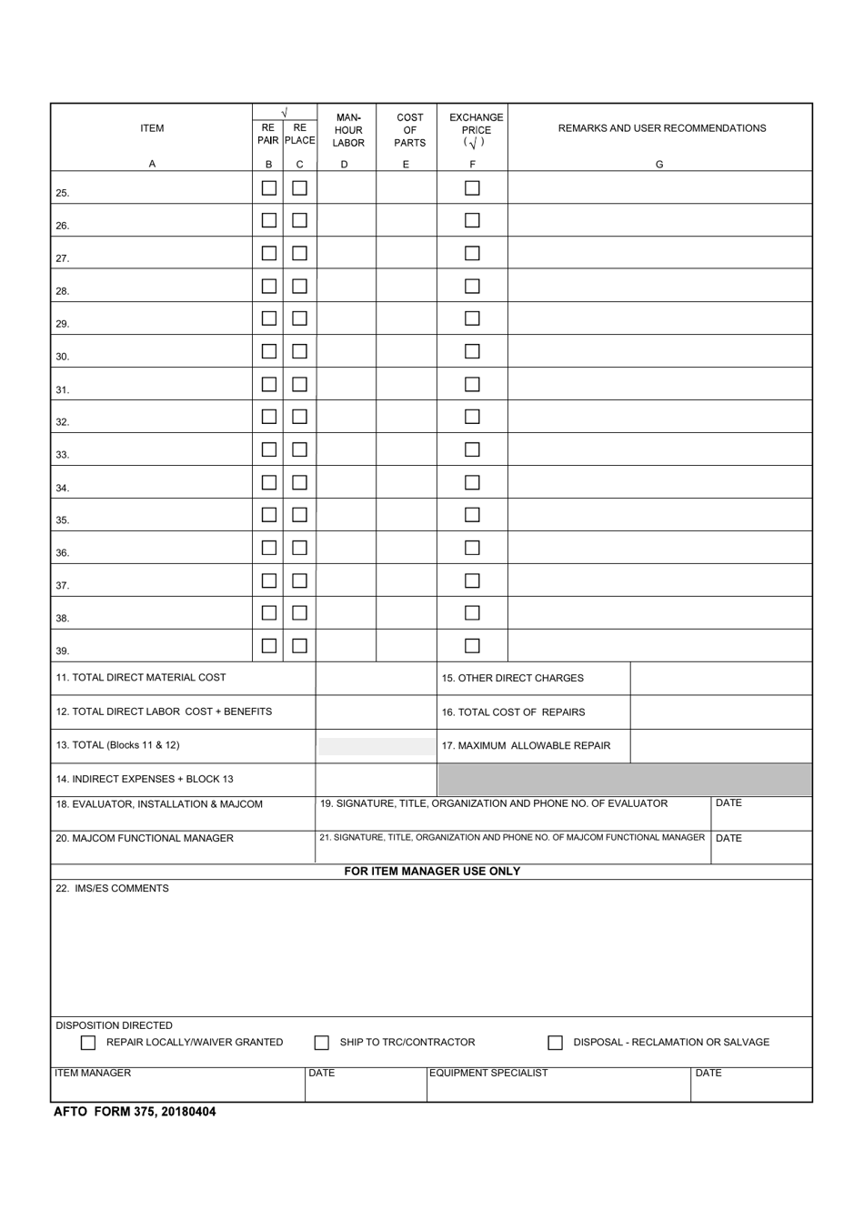 AFTO Form 375 Selected Support Equipment Repair Cost Estimate, Page 2
