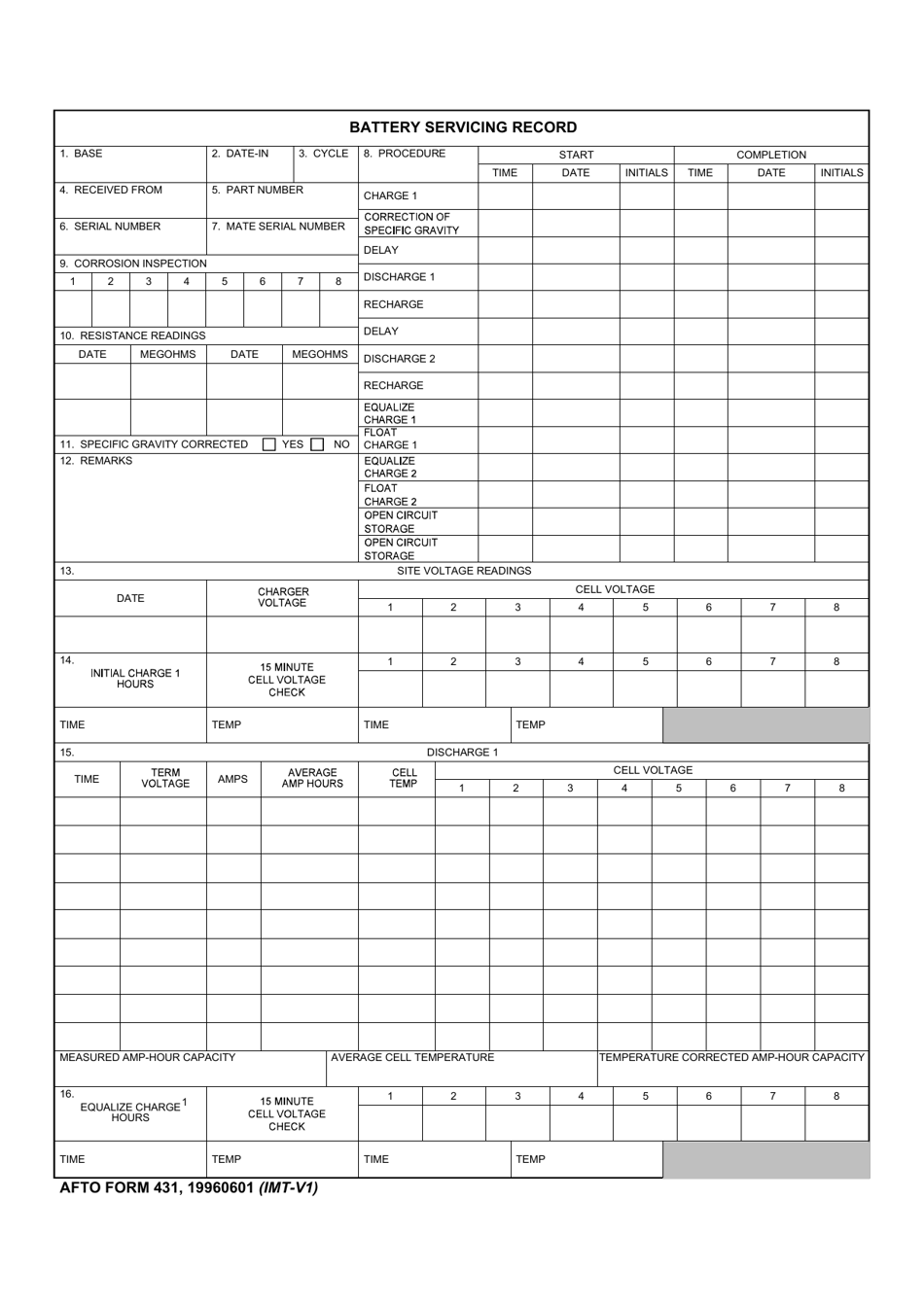 AFTO Form 431 Battery Servicing Record, Page 1