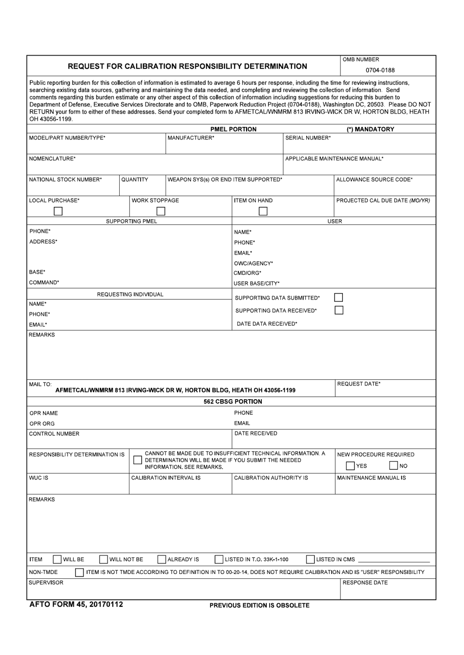 AFTO Form 45 Request for Calibration Responsibility Determination, Page 1