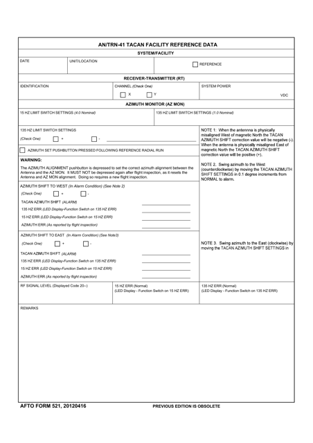 AFTO Form 521 An/Trn-41 Tacan Reference Data