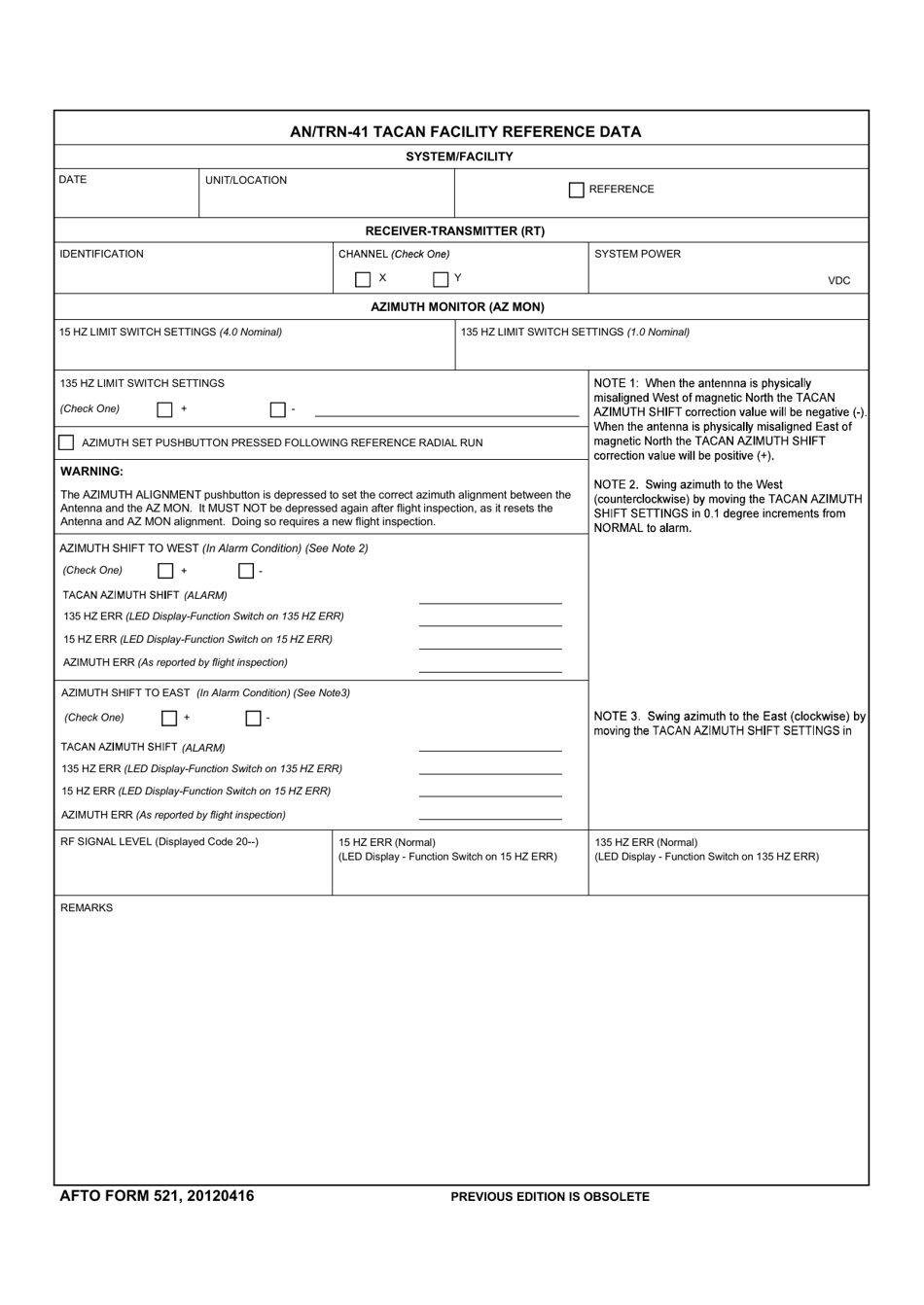 AFTO Form 521 An / Trn-41 Tacan Reference Data, Page 1