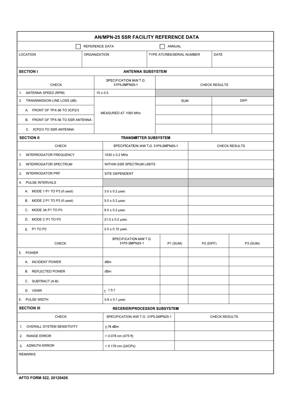 AFTO Form 522 An / Mpn-25 Facility Reference Data, Page 3