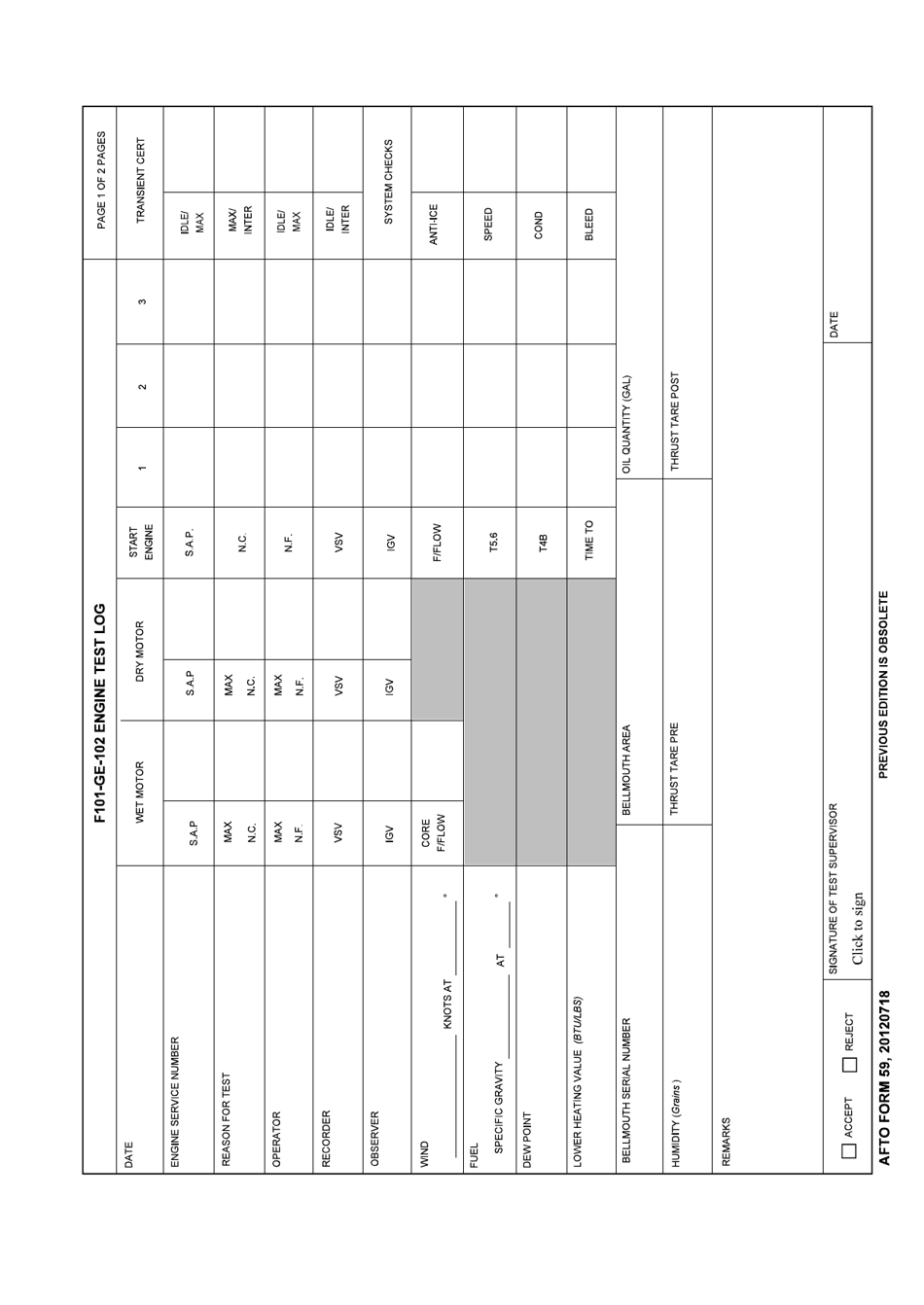 AFTO Form 59 F101-ge-102 Engine Test Log, Page 1