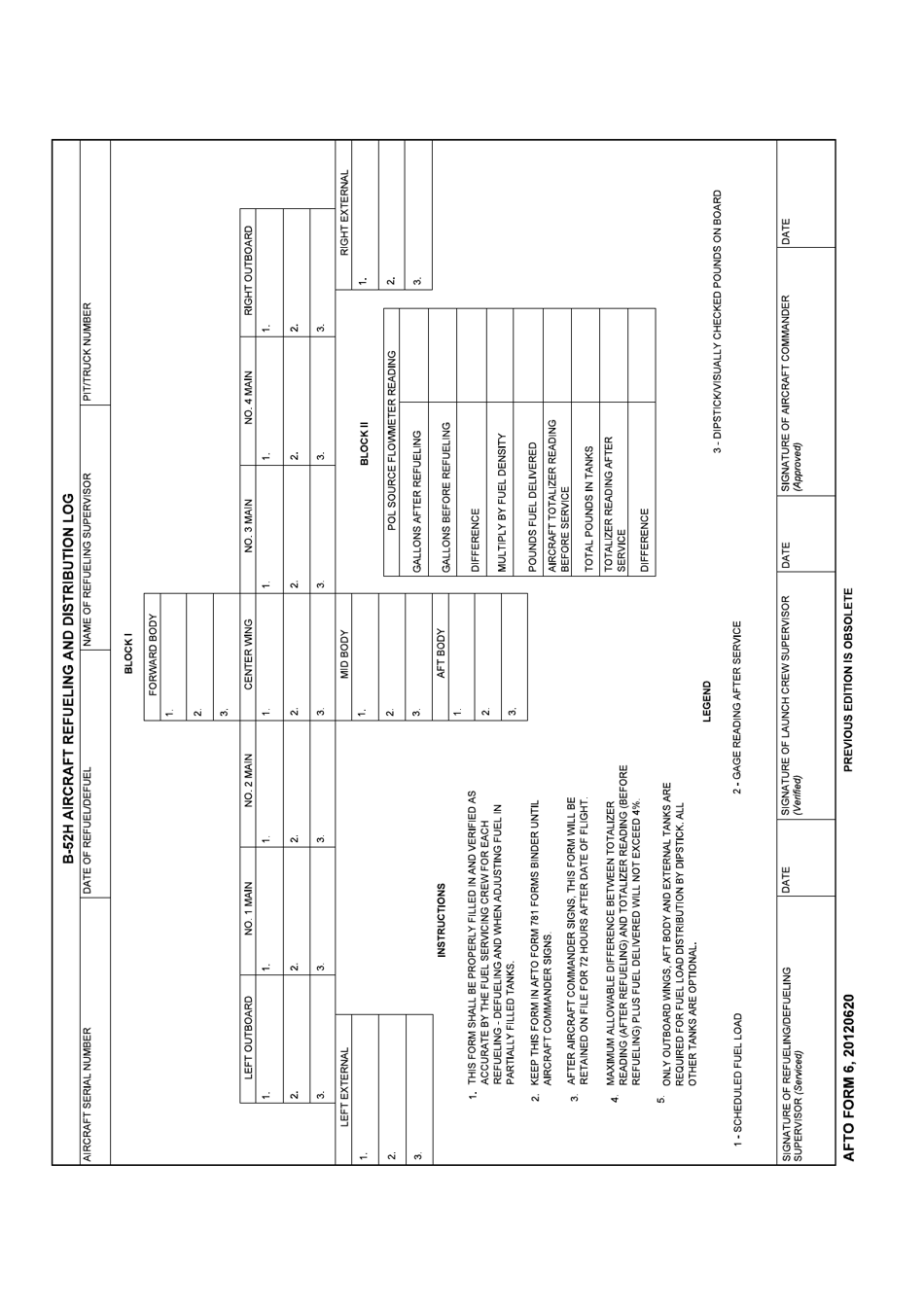 AFTO Form 6 B-52h Aircraft Refueling and Defueling Log, Page 1