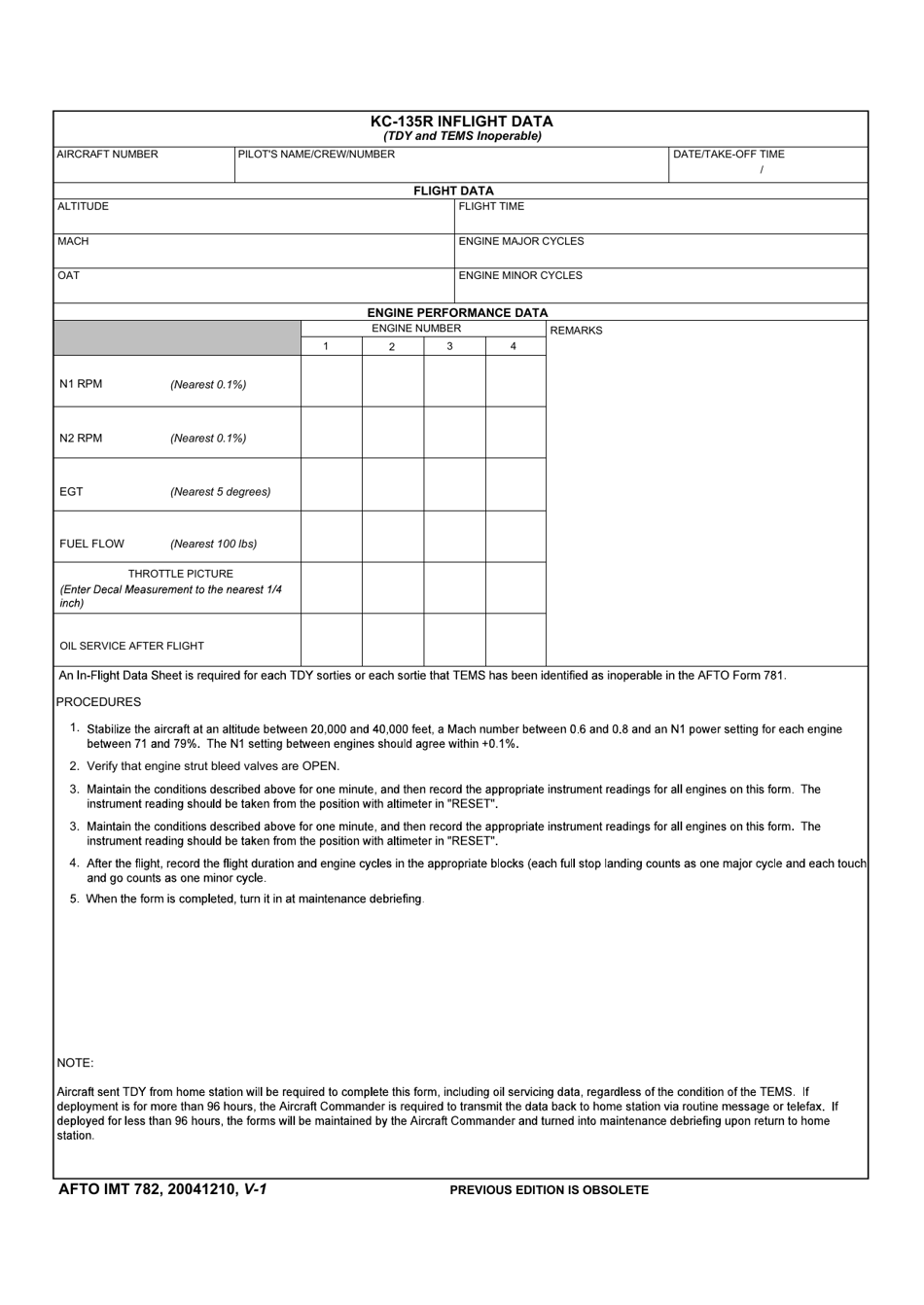 AFTO IMT Form 782 Kc-135r Inflight Data, Page 1