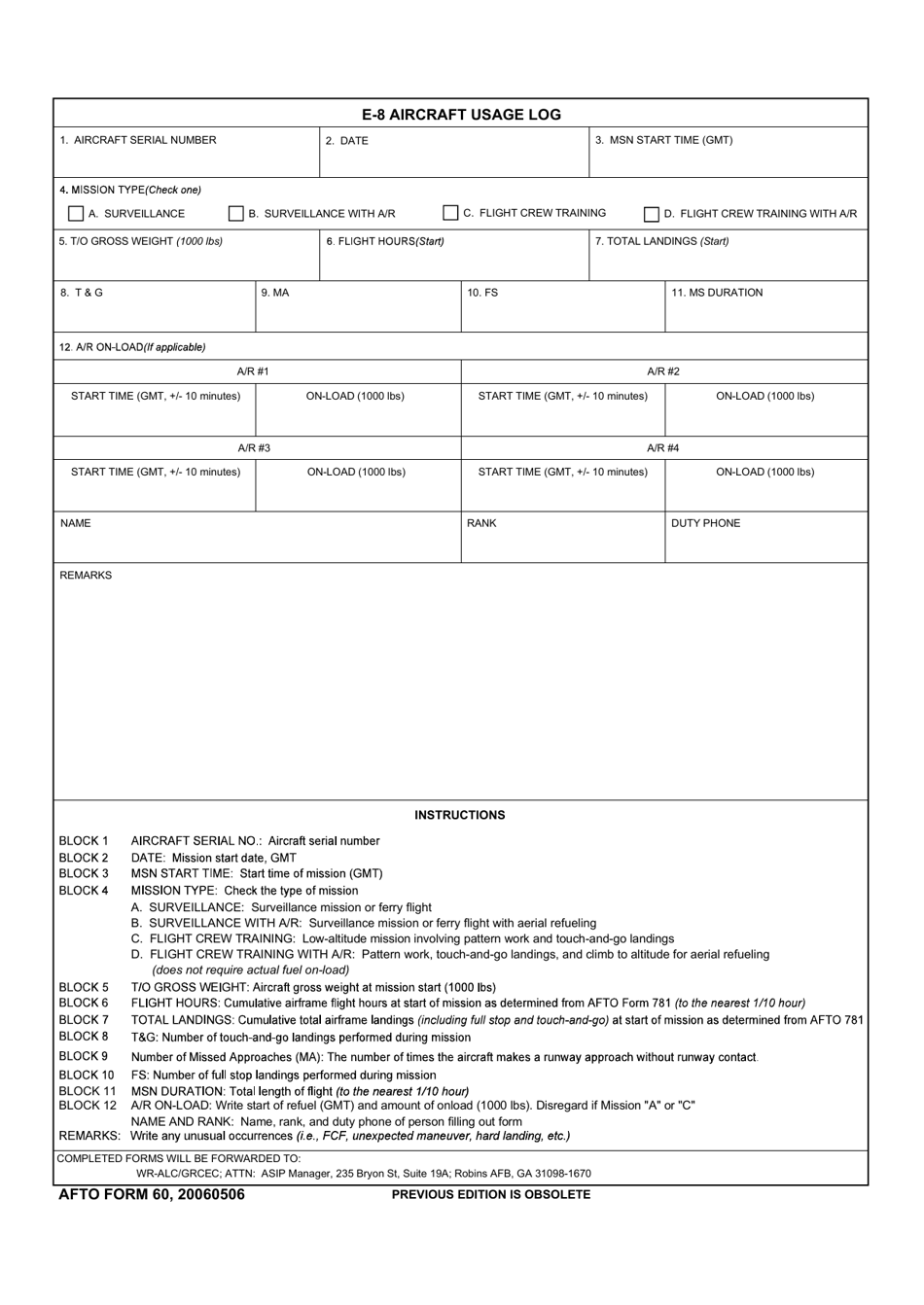 AFTO Form 60 Joint Start E-8 Aircraft Usage Log, Page 1