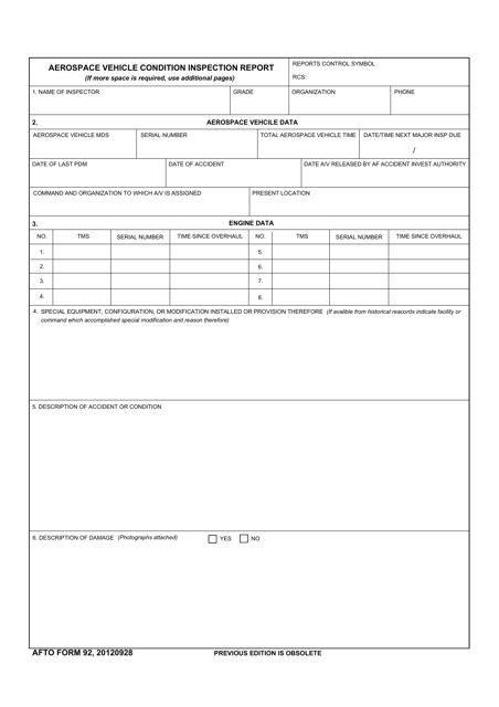 AFTO Form 92 Aerospace Vehicle Condition Inspection Report