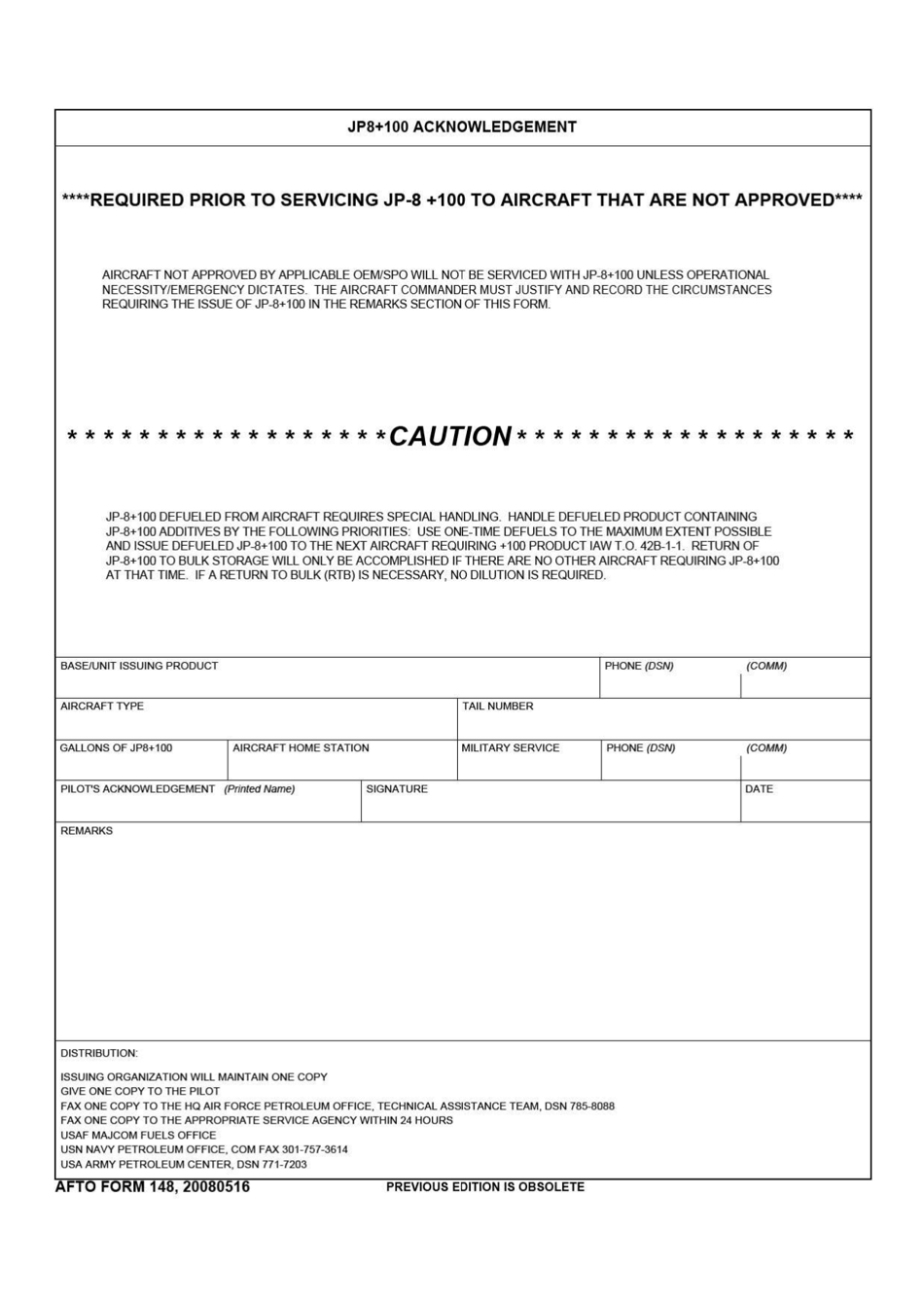 AFTO Form 148 Jp8+100 Acknowledgement, Page 1