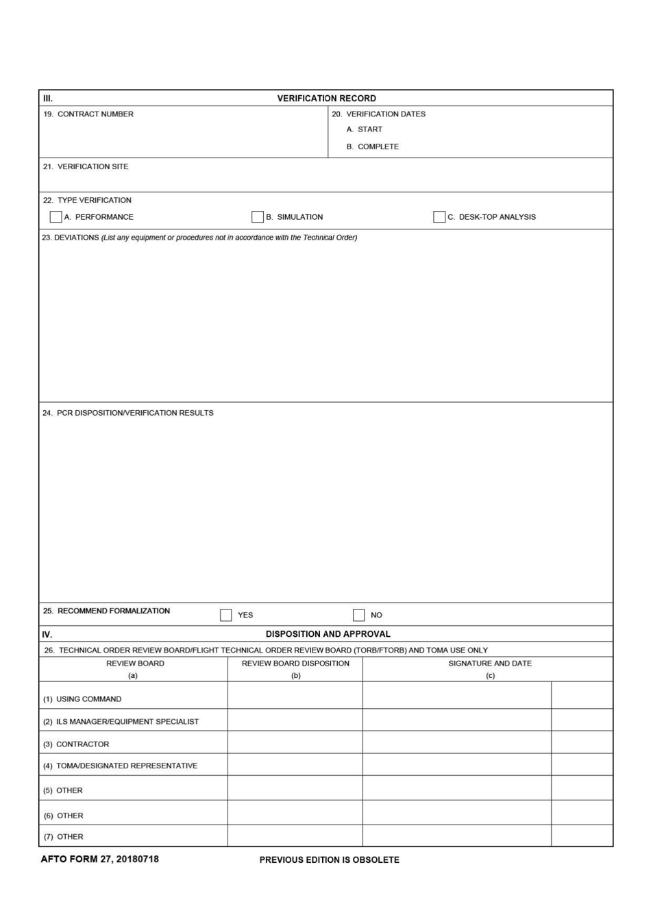 AFTO Form 27 Preliminary Technical Order (Pto) Publication Change Request (Pcr) / To Verification Record / Approval, Page 2