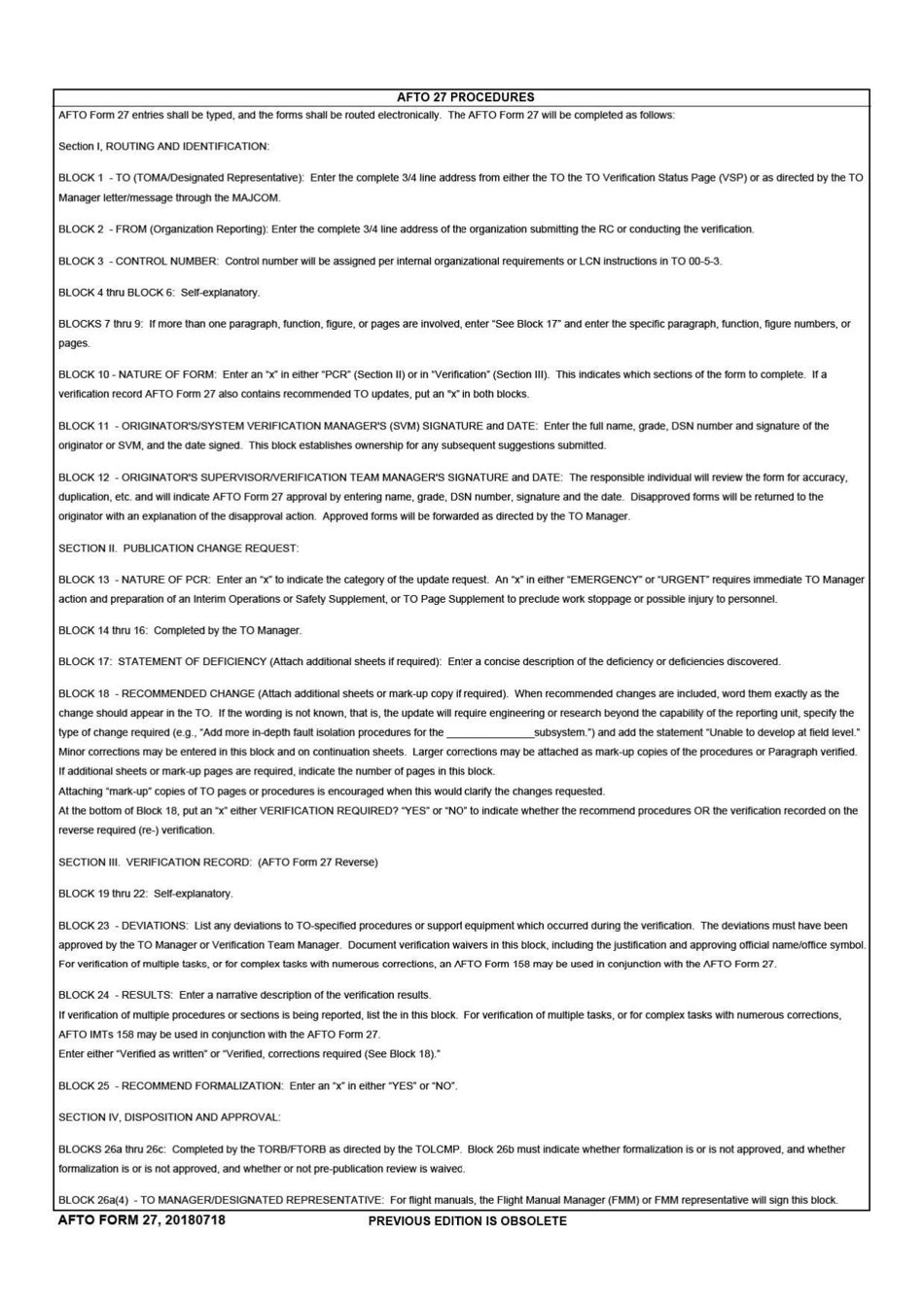 AFTO Form 27 Preliminary Technical Order (Pto) Publication Change Request (Pcr) / To Verification Record / Approval, Page 4