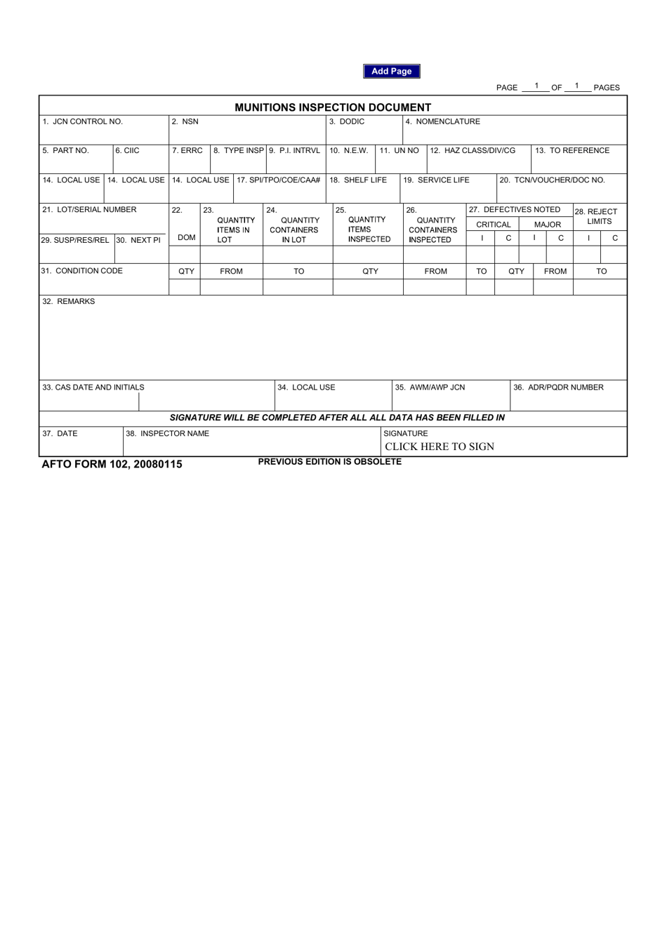 AFTO Form 102 Munitions Inspection Document, Page 1