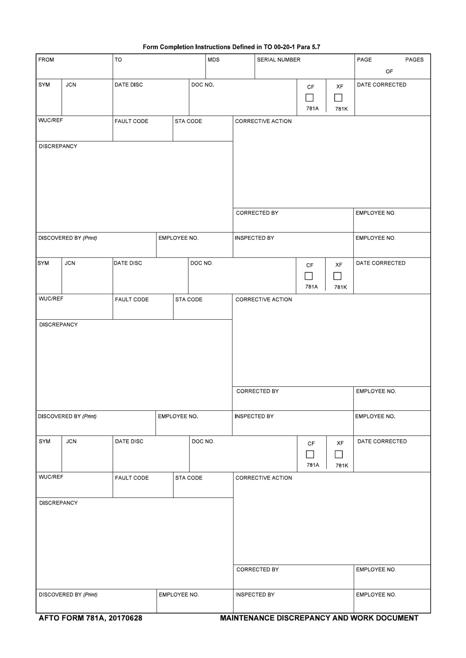 AFTO Form 781A Maintenance Discrepancy and Work Document, Page 1