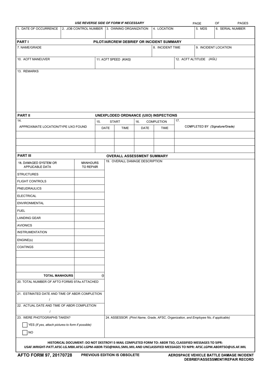 AFTO Form 97 Aerospace Vehicle Battle Damage Incident Debrief / Assessment / Repair Record, Page 1