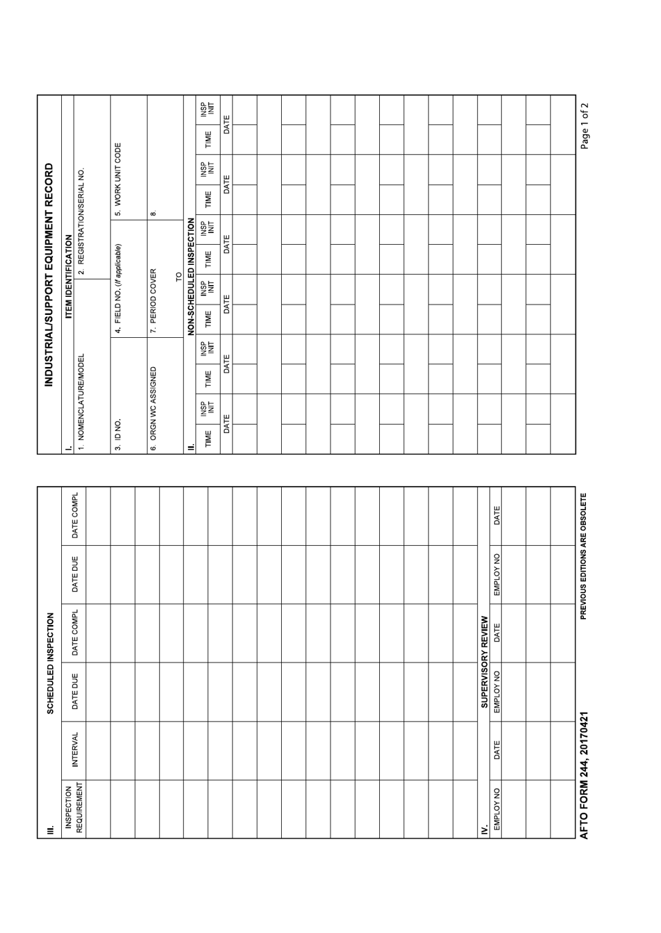 AFTO Form 244 Industrial / Support Equipment Record, Page 1