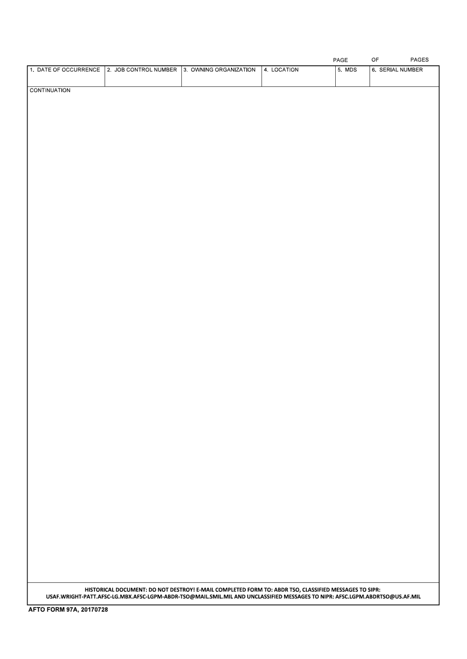 AFTO Form 97A Aerospace Vehicle Battle Damage Incident Debrief / Assessment / Repair Record (Cont), Page 2