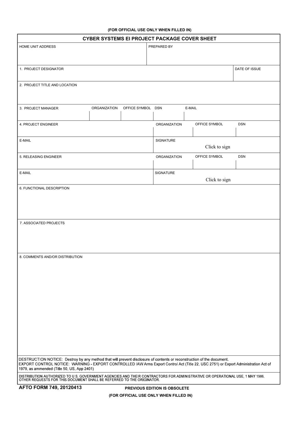 AFTO Form 749 C4 Systems Ei Project Package Cover Sheet, Page 1