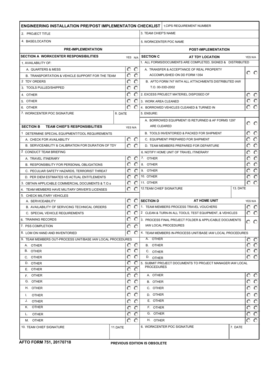 AFTO Form 751 Engineering Installation Pre / Pose Implementation Checklist, Page 1