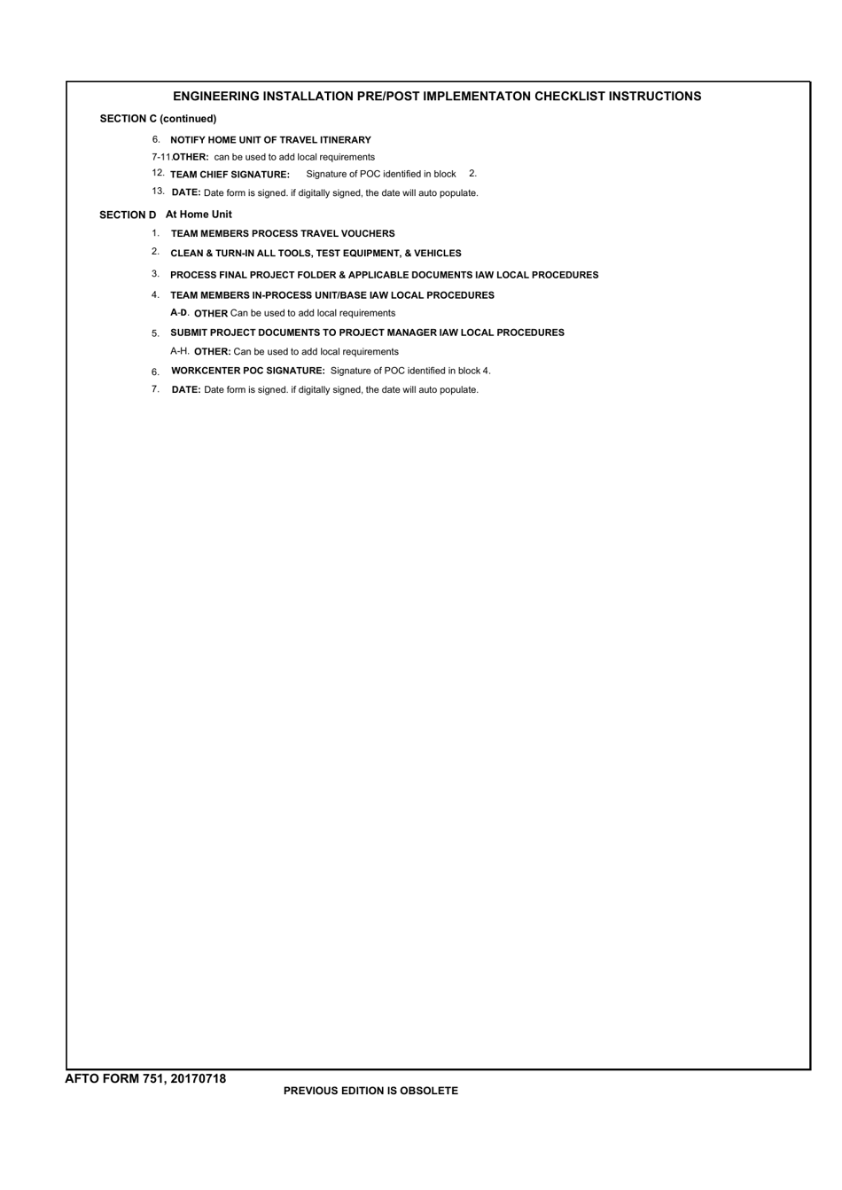 AFTO Form 751 Engineering Installation Pre / Pose Implementation Checklist, Page 3
