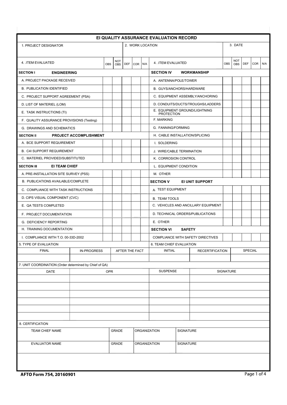AFTO Form 754 Ei Quality Assurance Evaluation Record, Page 1