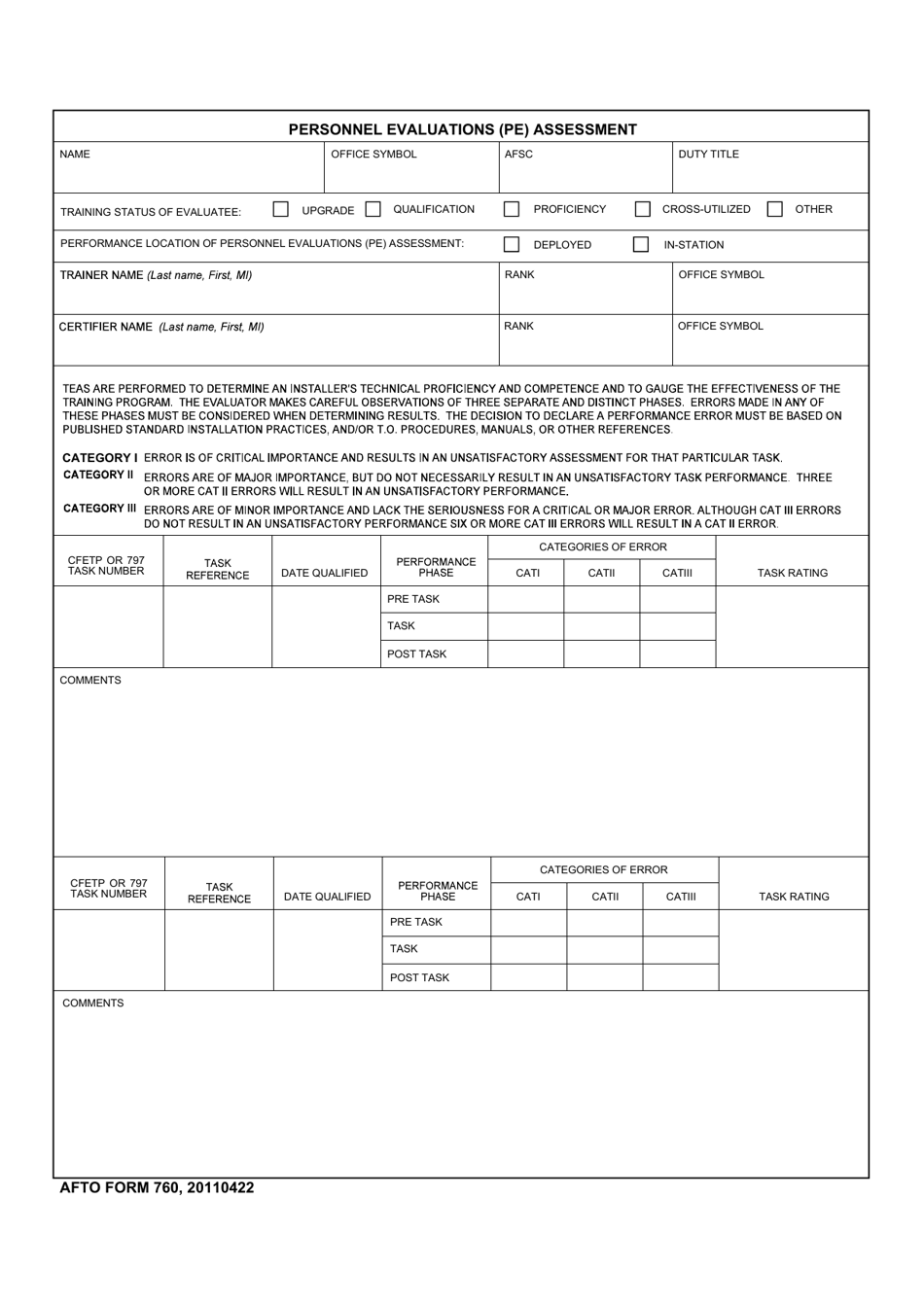 AFTO Form 760 Personnel Evaluations (Pe) Assessment, Page 1