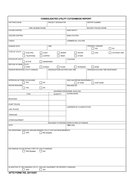 AFTO Form 765 Consolidated Utility Cut/Damage Report