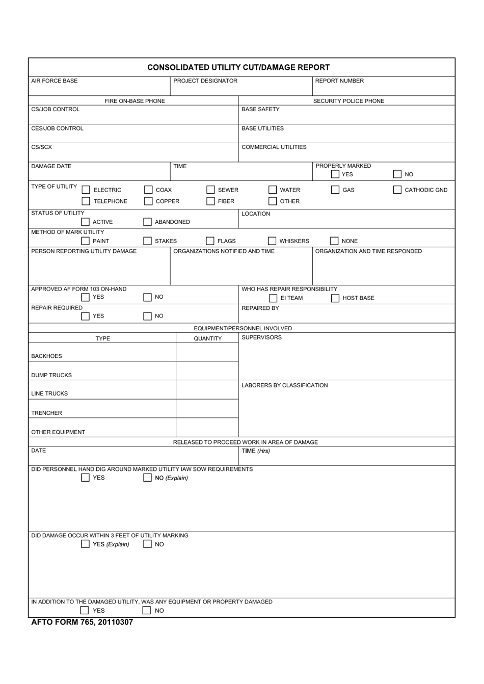 AFTO Form 765 Consolidated Utility Cut / Damage Report, Page 1