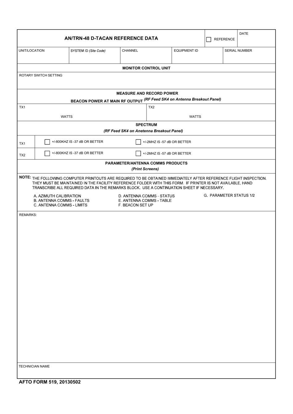 AFTO Form 519 An / Trn-48-d Tacan Reference Data, Page 1