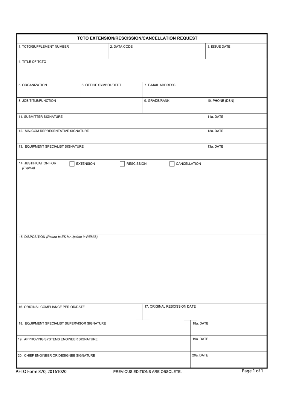 AFTO Form 870 Tcto Extension / Rescission / Cancellation Request, Page 1