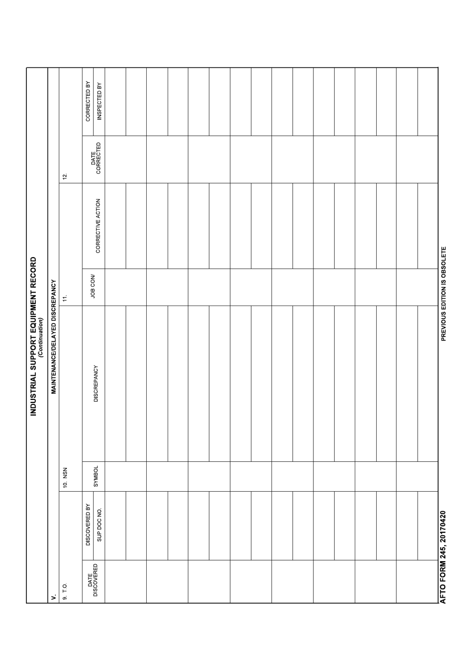 AFTO Form 245 Industrial Support Equipment Record, Page 1