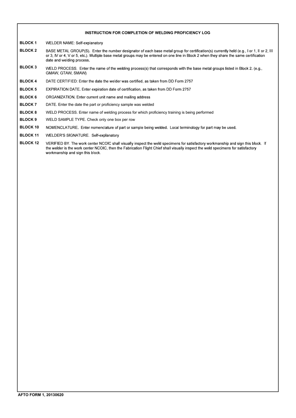 AFTO Form 1 Welding Proficiency Log, Page 2