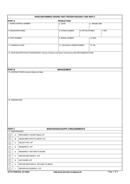 AFTO Form 840  Printable Pdf