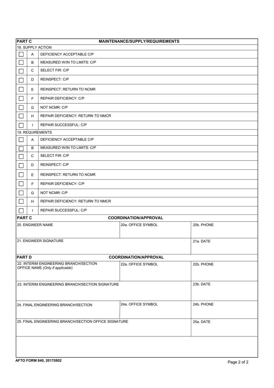 AFTO Form 840 Nonconforming Engine Part Review Request and Reply, Page 2