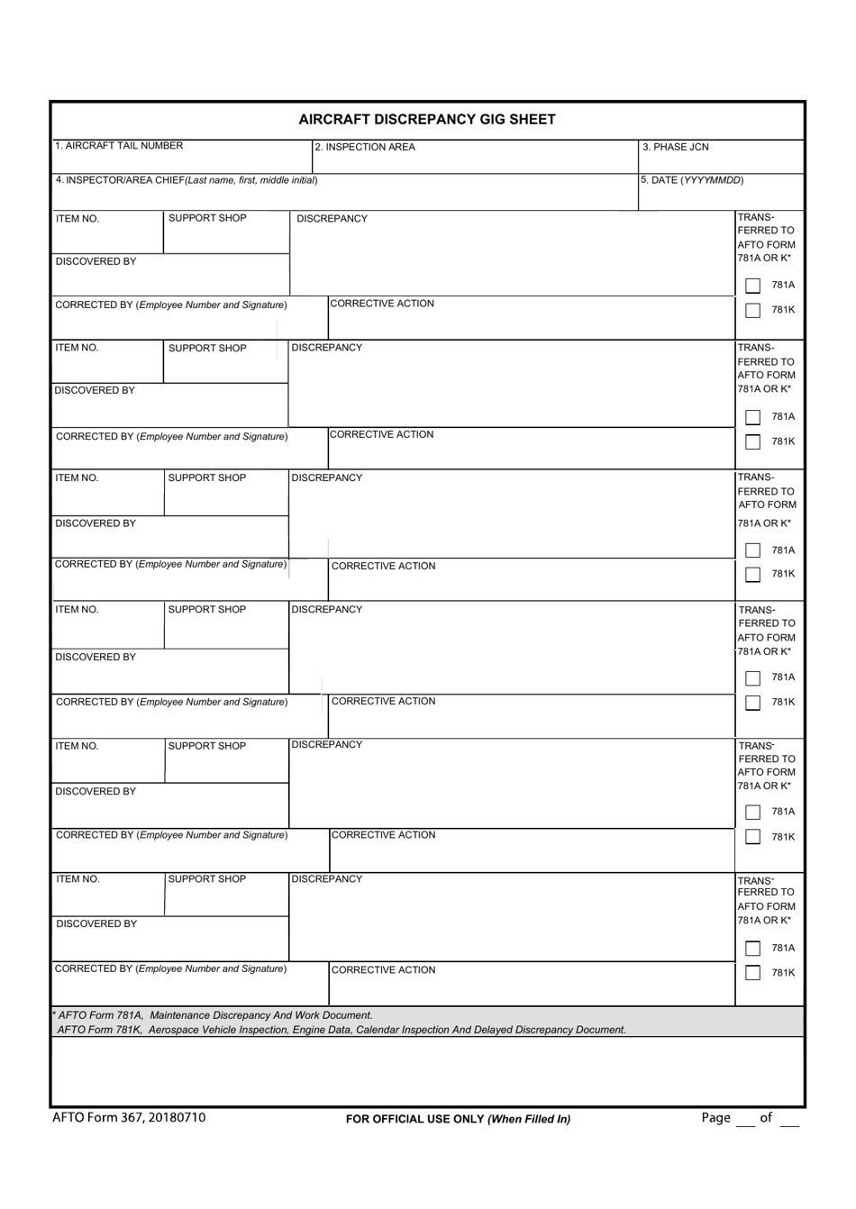 AFTO Form 367 Aircraft Discrepancy Gig Sheet, Page 2
