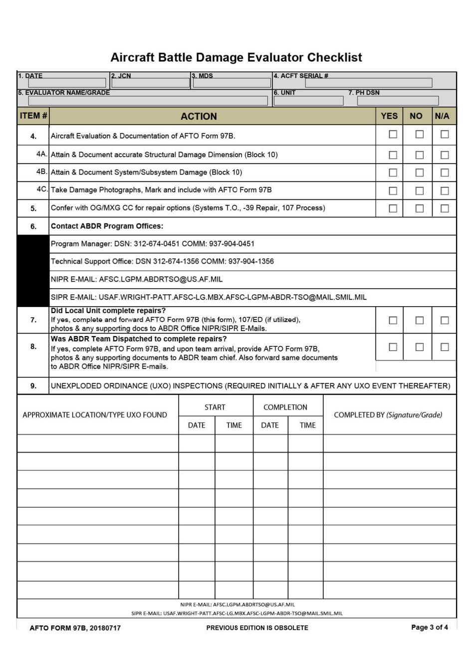 AFTO Form 97B Aircraft Battle Damage Evaluator Checklist, Page 3