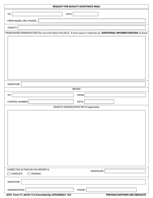 AFSC Form 77 Request for Quality Assistance (Rqa)