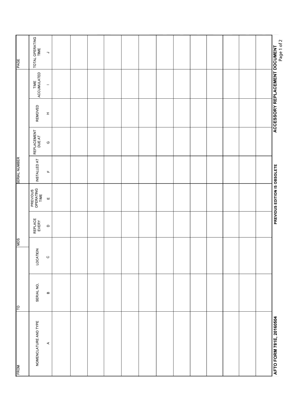 AFTO Form 781E Accessory Replacement Document, Page 1