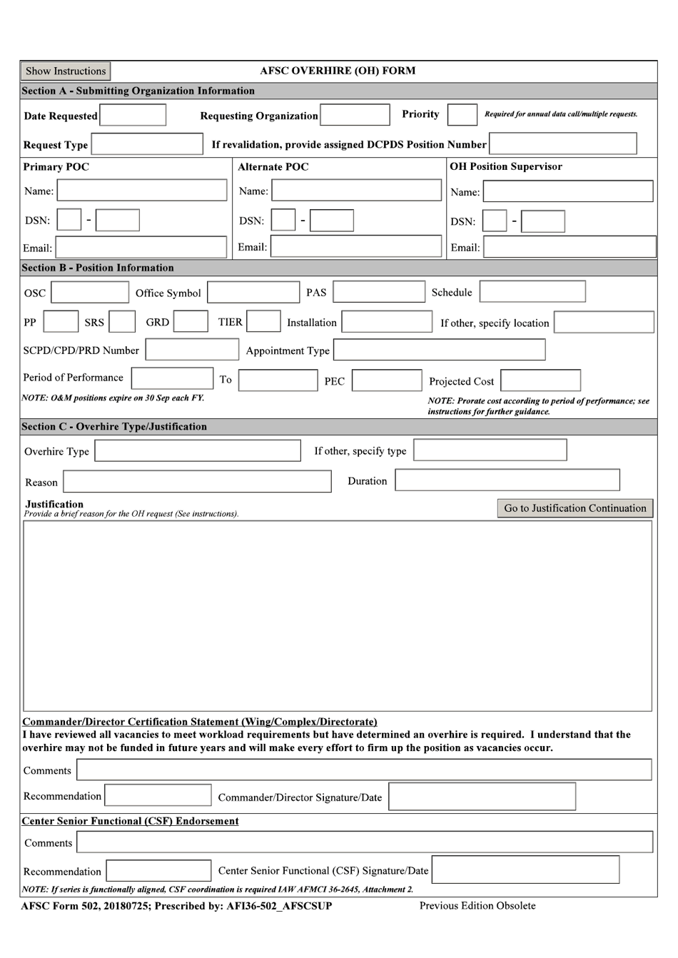AFSC Form 502 AFSC Overhire (Oh) Form, Page 1