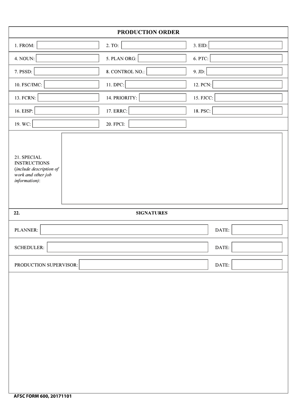 AFSC Form 600 Production Order, Page 1