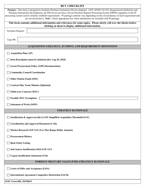 AFSC Form 002 Buy Checklist