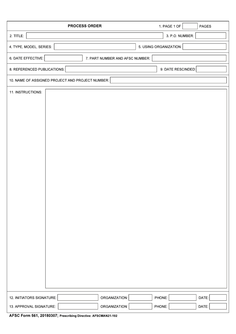 AFSC Form 561 Process Order, Page 1