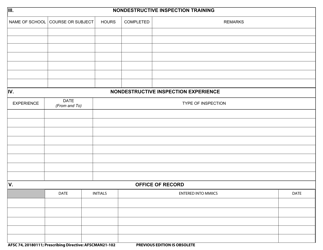 AFSC Form 74 Nondestructive Inspection Personnel Qualification and Certification Record, Page 2