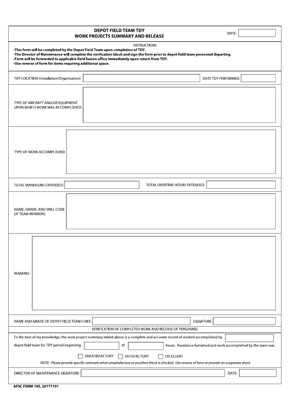 AFSC Form 195 Depot Field Team TDY Work Projects Summary and Release, Page 1