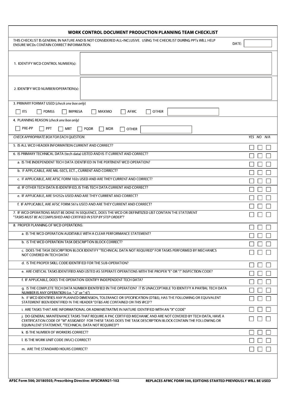 AFSC Form 500 Work Control Document Production Planning Team Checklist, Page 1
