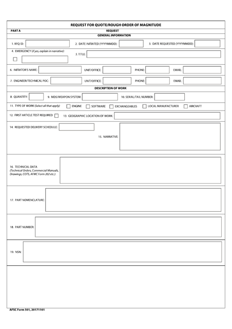 AFSC Form 501 Request for Quote/Rough Order of Magnitude