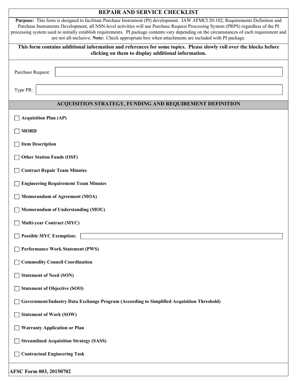 AFSC Form 003 Repair and Service Checklist, Page 1