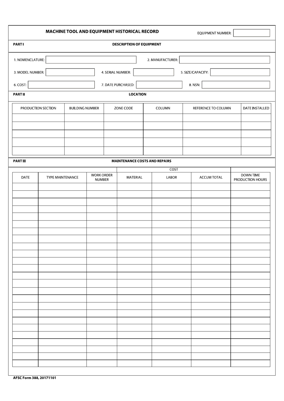 AFSC Form 388 Machine Tool and Equipment Historical Record, Page 1