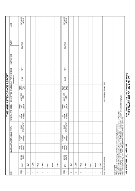 341 MW Form 110 Time and Attendance Report