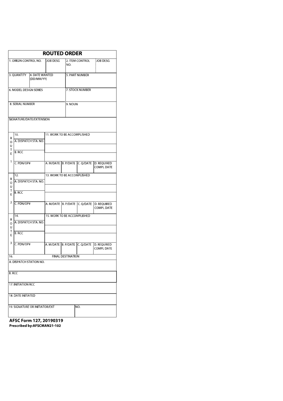 AFSC Form 127 Routed Order, Page 1